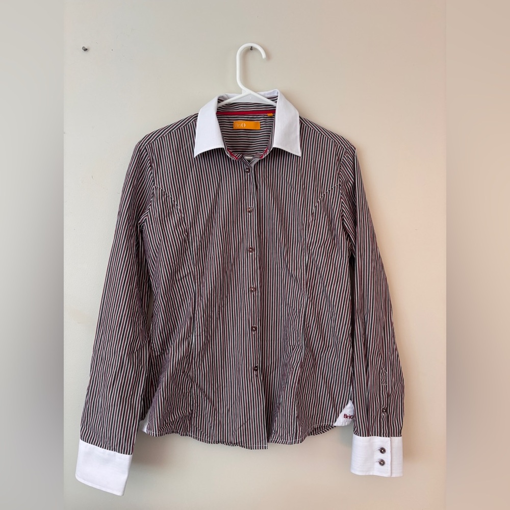 BriO Women’s Pinstripe Button-Down Shirt with Contrast Collar & Cuffs Mid 2000s